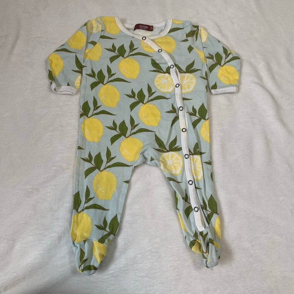 5/$25 Milkbarn Lemon Print Footed Sleeper 3-6 Months Blue Yellow‎ Organic Cotton